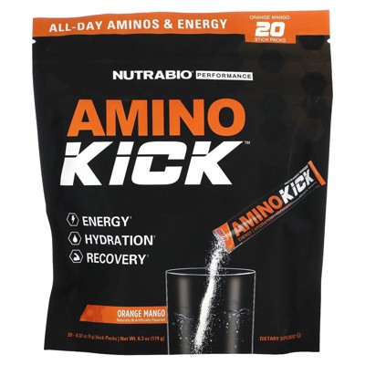 NutraBio Amino Kick, Orange Mango, 20 Stick Packs, 0.32 oz (9 g) Each