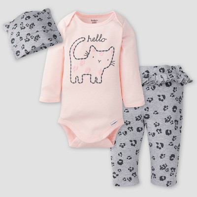 Gerber Baby Girls' 3pc Leopard Top and Bottom Set - Pink/Gray 6-9M