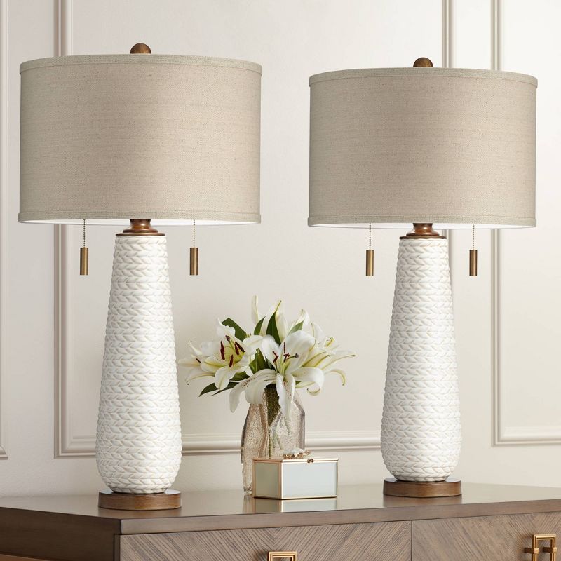 Possini Euro Design Kingston Modern Mid Century Table Lamps 32 3/4" Tall Set of 2 White Textured Ceramic Taupe Drum Shade for Bedroom Living Room Home, 2 of 10