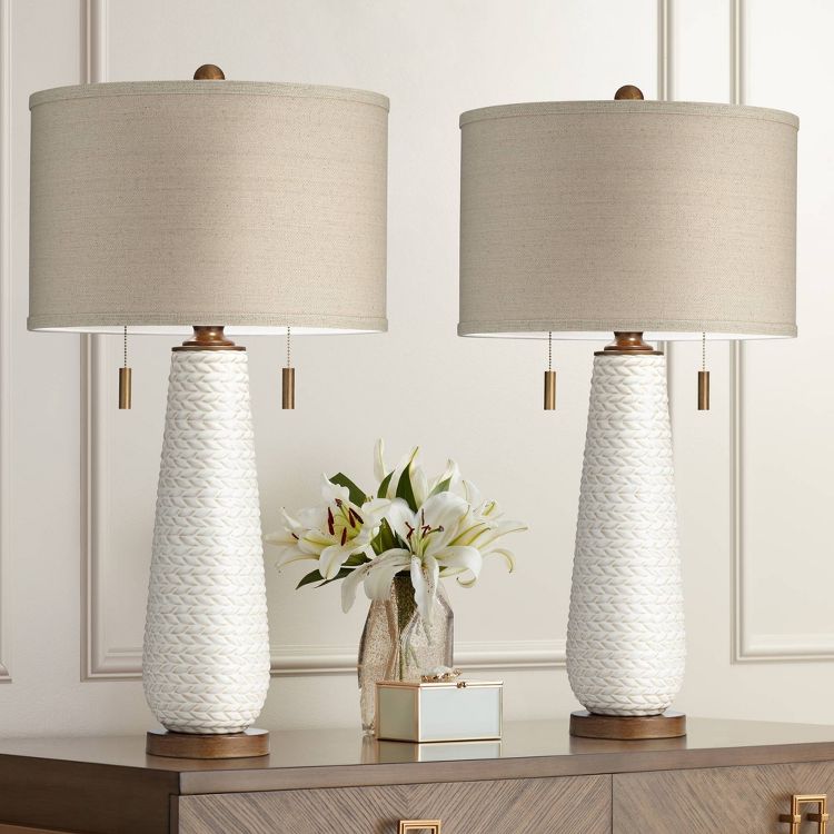 Possini Euro Design Kingston Modern Mid Century Table Lamps 32 3/4" Tall Set of 2 White Textured Ceramic Taupe Drum Shade for Bedroom Living Room Home, 2 of 9