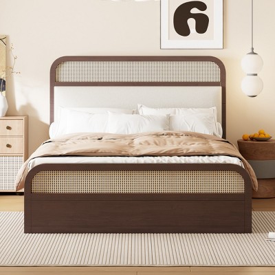 Wooden Queen Size Bed Frame With 2 Storage Drawers And T Size Trundle,Platform Bed With Tall Headboard -Maison Boucle