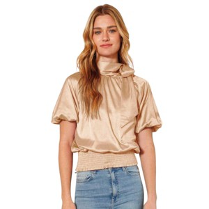 Slickblue Women's Satin Smocked Waist Blouse, Puff Elbow Sleeves, Mock Neck Bow, Turquoise/Taupe, Size S-L - 1 of 4