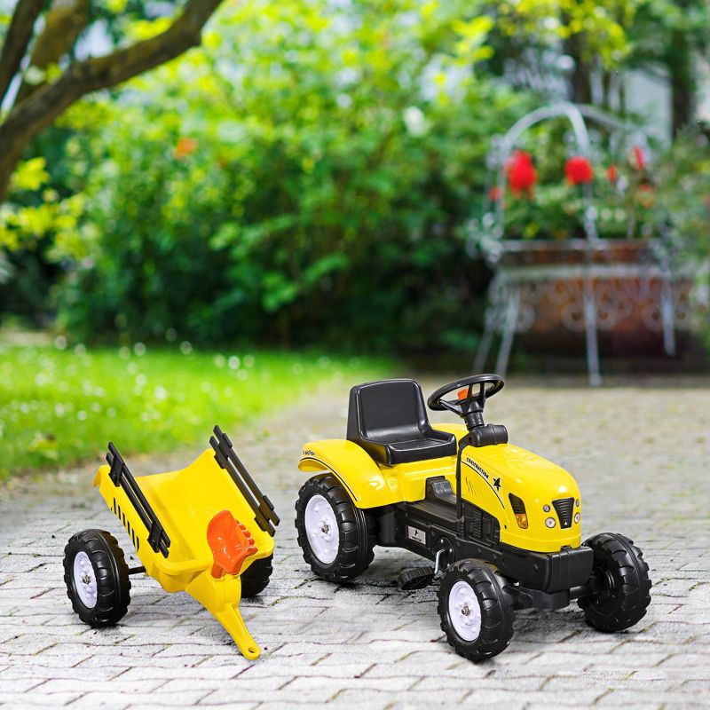 Aosom Kids Ride on Farm Tractor, Manual Pedal Ride on Car with Back Storage Trailer, Shovel & Rake, Horn, 3 Years Old, Yellow, 2 of 7