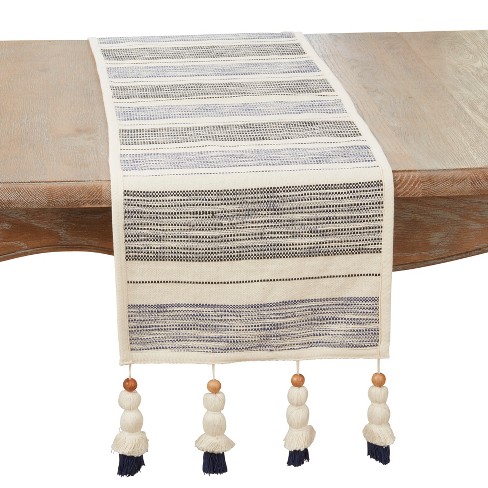 Saro Lifestyle Wooden Beaded Tassel Stripe Table Runner, Blue, 13"x72" - image 1 of 3