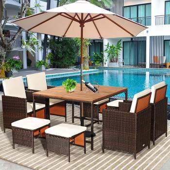 Costway 9PCS Patio Rattan Dining Set Cushioned Chairs Ottoman Wood Table Top White\Red