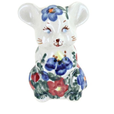 Blue Rose Polish Pottery Garden Butterfly Decorated Mouse Figurine