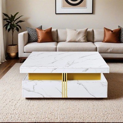 Modern White Square Storage Coffee Table with 4 Drawers  - Leovsnove
