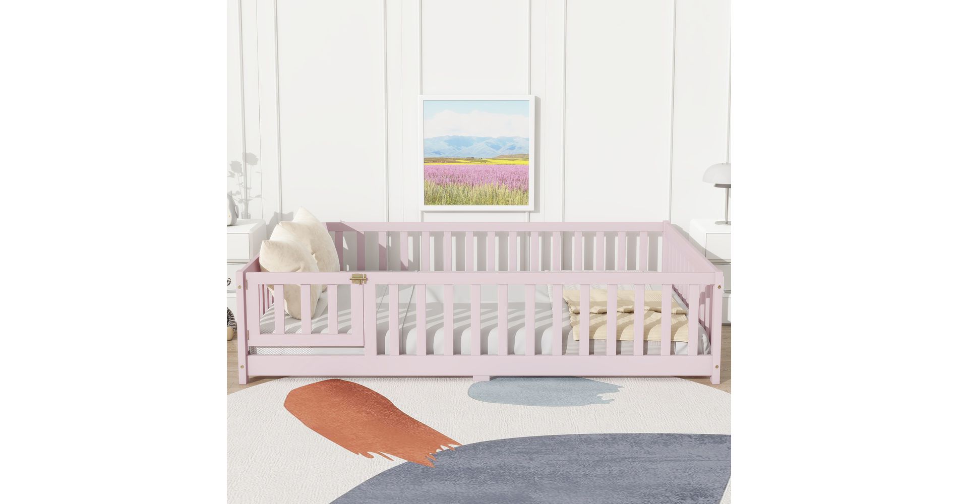 Whisen Full Size Bed & Rubber Wood Floor Bed with Fence and Door, Multi - Functional Floor Bed for Kids' Sleep & Play - Pink