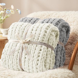 Handmade Chenille Throw Blankets Group of 2 Blankets, Chunky Knit Cable Knitted Crochet Blankets Collection-Amelie Home - 1 of 4