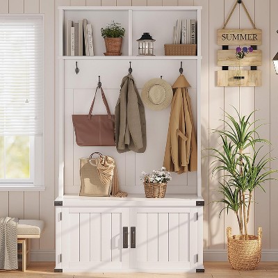 TackView 76" Hall Tree with Bench and Shoe Storage,4-in-1 Entryway with Coat Rack & 5 Tri-Hooks,Storage Seating (White)