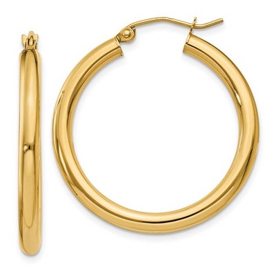 Black Bow Jewelry 3mm x 30mm 14k Yellow Gold Classic Round Hoop Earrings