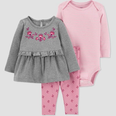Carter's Just One You® Baby Girls' 3pc Floral Top & Bottom Set - Pink/Gray 6M