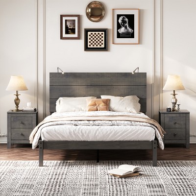 3-Piece Bedroom Sets, Full/Queen Size Farmhouse Platform Bed with 2 Bedside Lights and 2-Drawer Nightstand - ModernLuxe