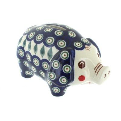 Blue Rose Polish Pottery Peacock Piggy Bank