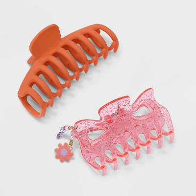 Girls&#39; 2pk Jumbo Glitter Flower Charm Claw Clip Set - art class&#8482;