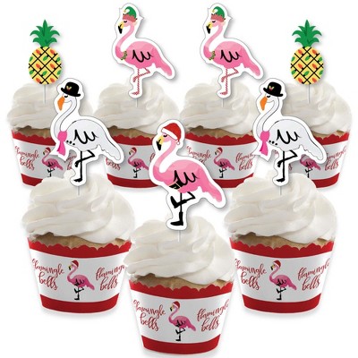 Big Dot of Happiness Flamingle Bells - Cupcake Decoration - Tropical Christmas Party Cupcake Wrappers and Treat Picks Kit - Set of 24