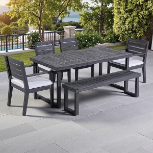 6-Piece Outdoor Acacia Wood Dining Set with Rectangular Table, 4 Cushioned Chair, and Bench - 1 of 4