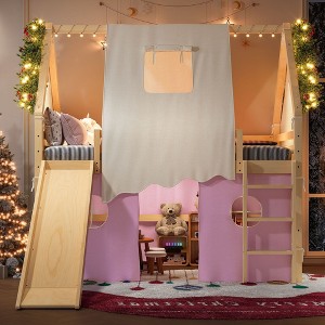 TIRAMISUBEST Twin/Full Size Kids Open House-Shaped Bed Frame with Tents, Loft Bed with Ladder, Slide & LED Lights - 1 of 4