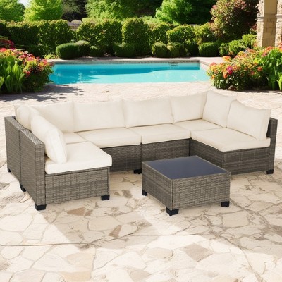 Rbied All-Weather 7-Piece Gray Wicker Couch Outdoor Sofa Sectional Set with Beige Washable Cushions