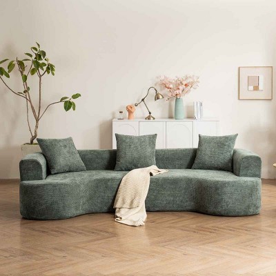 Modern Curved Sofa, 3-Seat Spring Couch with Armrest and Pillows, Deep Seat Design Foam Sofa with Green Corduroy Cover-Coolbibila