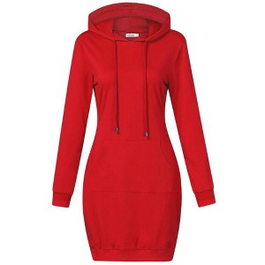 Women Long Sleeve Pocket Solid Color Pullover Hooded Tunic Dress - 1 of 4