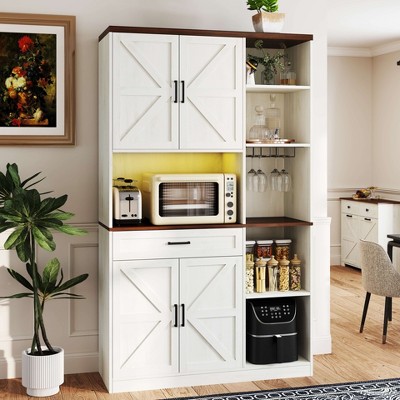 ORRD 71" Farmhouse Kitchen Pantry Buffet with Hutch, Drawers & Charging Station, Multifunctional Sideboard for Dining Room & Microwave Stand