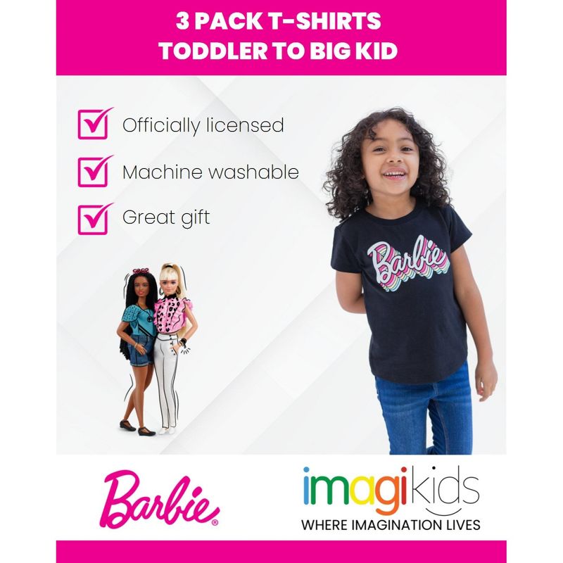 Barbie Girls 3 Pack T-Shirts Toddler to Big Kid, 2 of 9