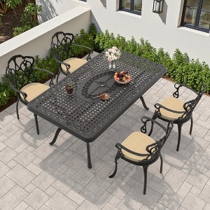 (5-PC)Premium Black Cast Aluminum Patio Set - Weather-Resistant Outdoor Table & Chairs with Beige Cushions, Umbrella Hole Included - 1 of 4