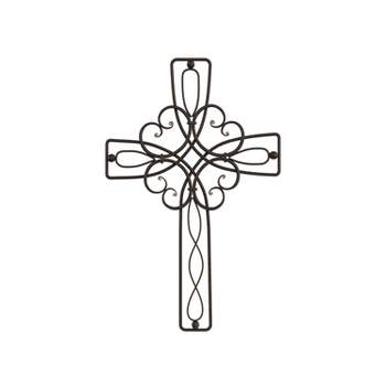 Metal Wall Cross with Decorative Floral Scroll Design- Rustic Handcrafted Religious Wall Art for Decor in Living Room, Bedroom, More by Hastings Home