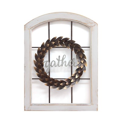 Stratton Home Decor Gather Bronze Wreath Window Wall Decor, Distressed White