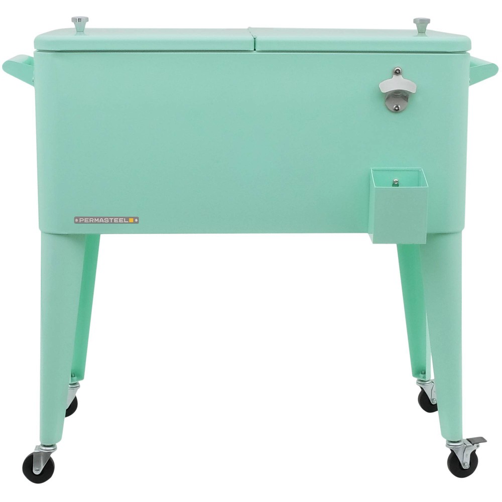 80qt Portable Rolling Patio Cooler - Mint - Permasteel: Outdoor Beverage Cart with Stay Up Lid & Bottle Opener