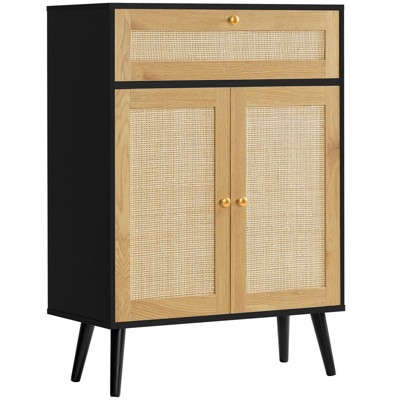 USIKEY Storage Cabinet with Adjustable Shelf, Rattan Cabinet with Large Drawer, Accent Cabinet for Dining Room, Entryway, Living Room