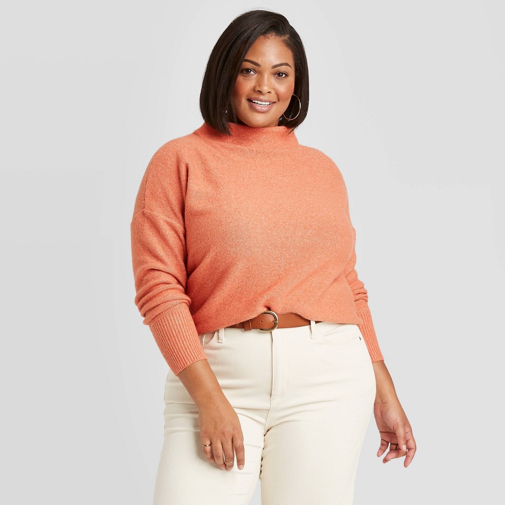 Women's Plus Size Mock Turtleneck Pullover Sweater - Ava & Viv Orange 2X