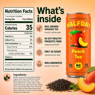 Halfday Prebiotic Iced Tea Peach Tea - 12 fl oz Can