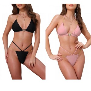 INSPIRE CHIC Women's Heart Rhinestones Chain-Linked Halter Top Triangle Bottoms Swimwear Bathing Bikini Suits 2 Sets - 1 of 4