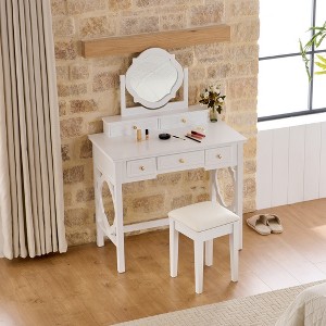 TOBILI Compact Makeup Vanity Table with Reversible Mirror, Dressing Table Set with Stool, Space-Saving Beauty Station for Small Places, White - 1 of 4
