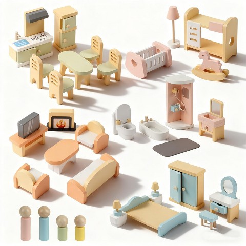 Etokfoks 35pcs Wooden Dollhouse Furniture Set 5 Room Kit with Dolls Pretend Play Accessories for Kids Ages 3 to 8 Birthday Gift