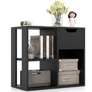 Costway 1/2 PCS 3-Cube Bookcase Organizer with 2-tier Wooden Storage Shelf & Pull-out Drawer - 1 of 4