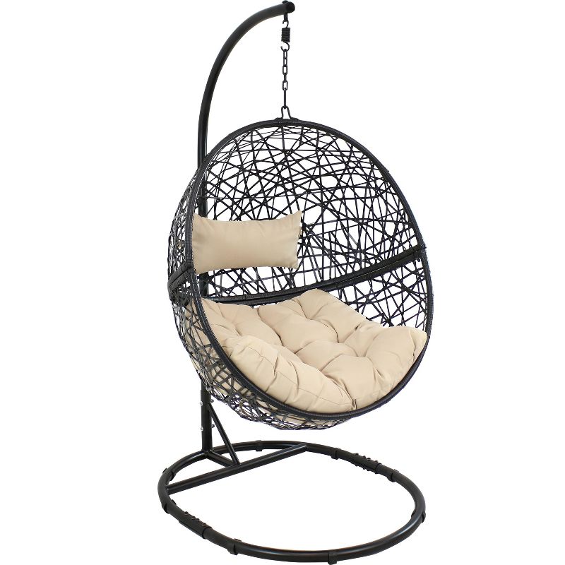 Sunnydaze Outdoor Resin Wicker Jackson Hanging Basket Egg Chair Swing with Cushions, Headrest, and Steel Stand Set - 3pc, 1 of 11
