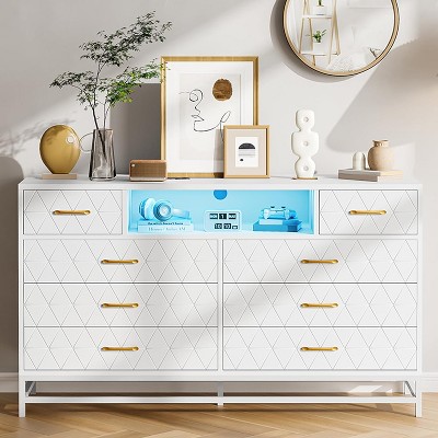 8 Drawer Dresser with Power Outlet, 55" Large Dresser Wooden with Led Light