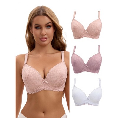 INSPIRE CHIC 3 Pcs for Women's Lace Full Coverage Adjustable Strap Push Up Bras