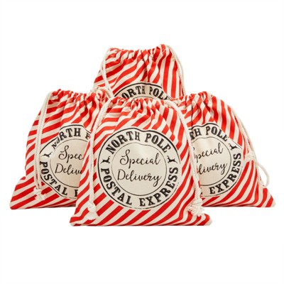 Blue Panda 4 Pack Canvas Christmas Drawstring Gift Bags for North Pole Holiday Party Favors, 11.5 x 10 In