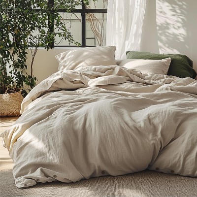 3 Pieces Linen Soft & Cozy Duvet Cover Linen Cotton Blend Bedding Set Tropical Plants Beige Color Cooling Bedding
