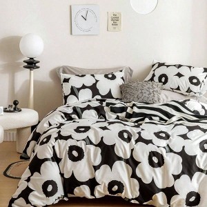 Floral Duvet Cover Queen 100 Cotton Black White Flower 3pcs Set with Zipper Ties Cute Botanical Patterned Bedding - 1 of 4
