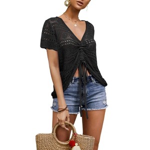 Imily Bela Women's Crochet Short Sleeve Top Drawstring Shirt Lace-Up Beach Top - 1 of 4