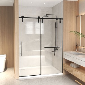 Zeus & Ruta Frameless Sliding Shower Door with 5/16" Clear Tempered Glass, Matte Black Stainless Steel - 1 of 4