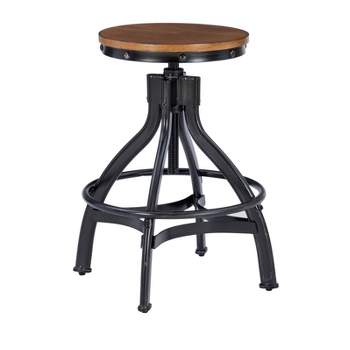 Set of 2 24-29" Tormo Adjustable Height Backless Metal and Distressed Wood Seat Barstool Black - Powell