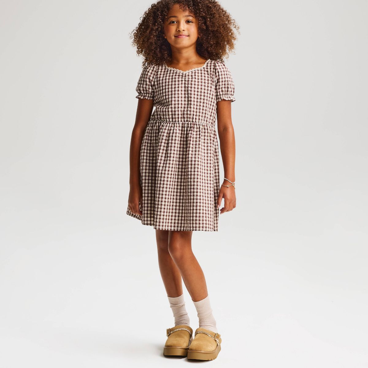 Girls' Puff Short Sleeve Gingham Dress - Cat & Jack™ Brown