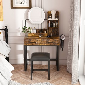 JUJABU Brown Makeup Vanity Table with Lighted Mirror, Power Outlet, 2 Drawers, Metal Legs & Chair for Bedroom or Dressing Room - 1 of 4