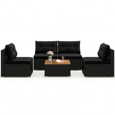 Tangkula 5 Piece Outdoor Furniture Set w/ Seat & Back Cushions Acacia Wood Tabletop